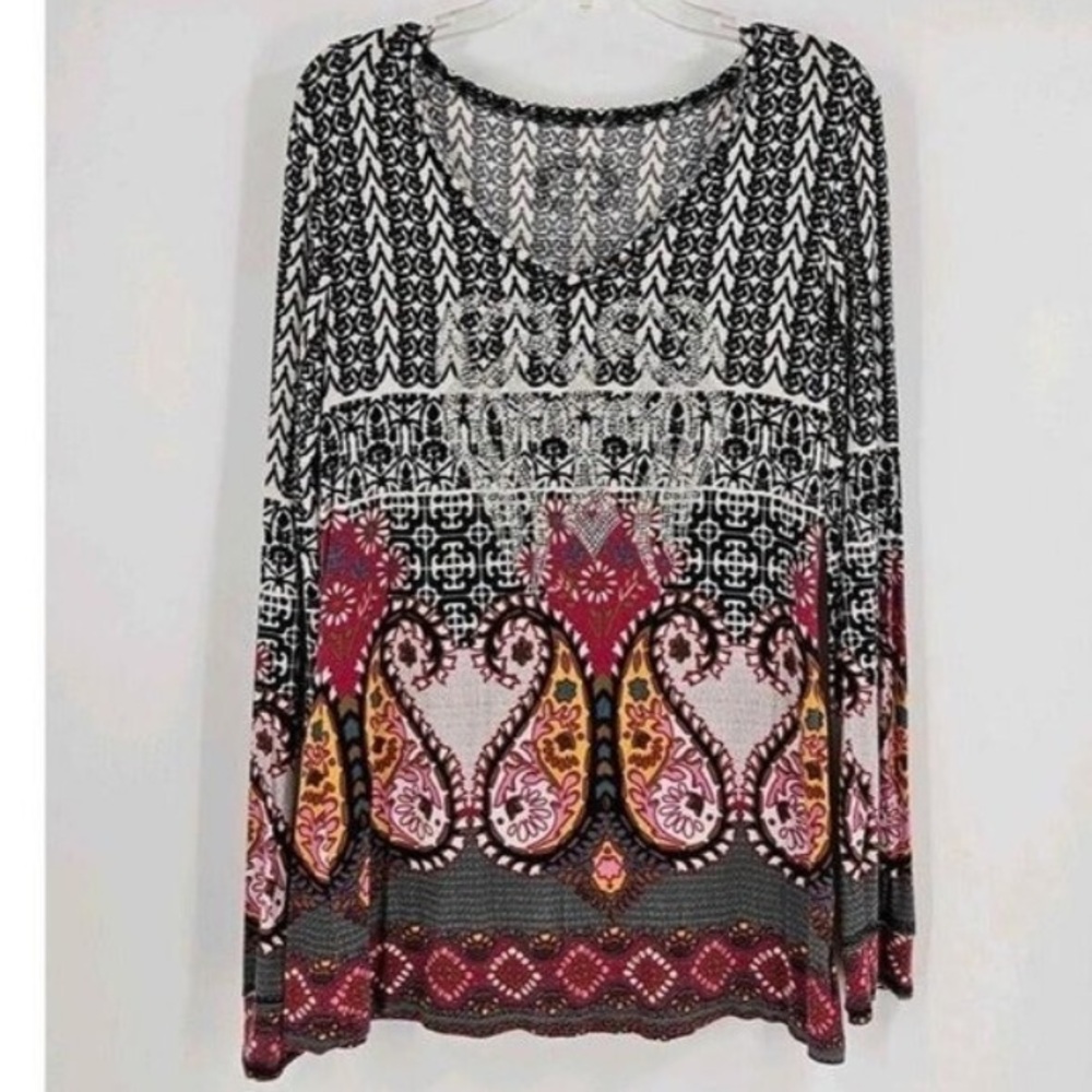 Cristina-long sleeve printed v-neck top w/silver studds